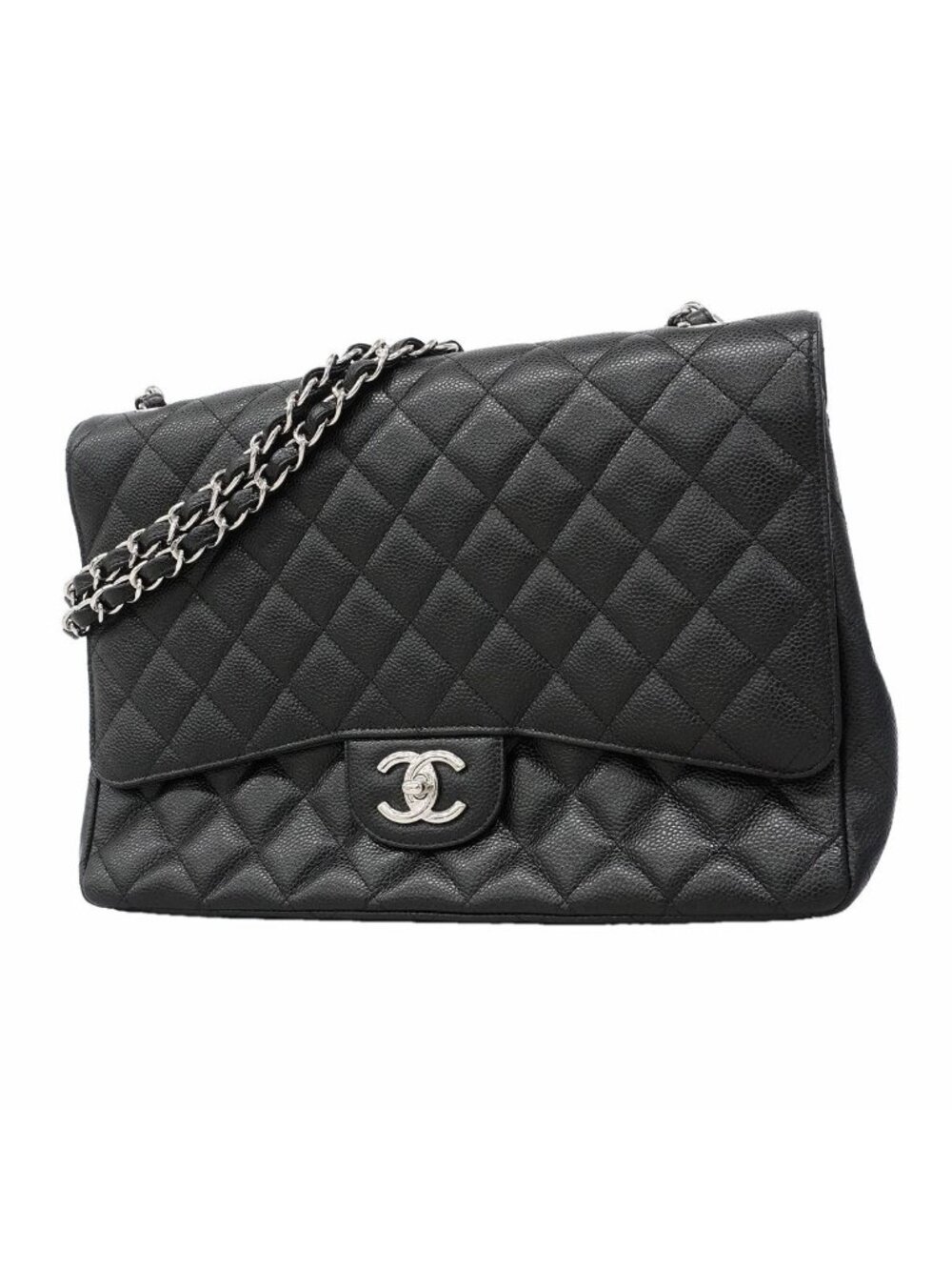 Chanel Shoulder Bag Maxi Quilted Caviar Leather Black Silver